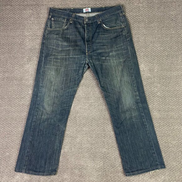 Levi's 501 Jeans Men's 38 x 32 Measures 37 x 29 Red Tab Button Fly Blue Cotton - Picture 1 of 16